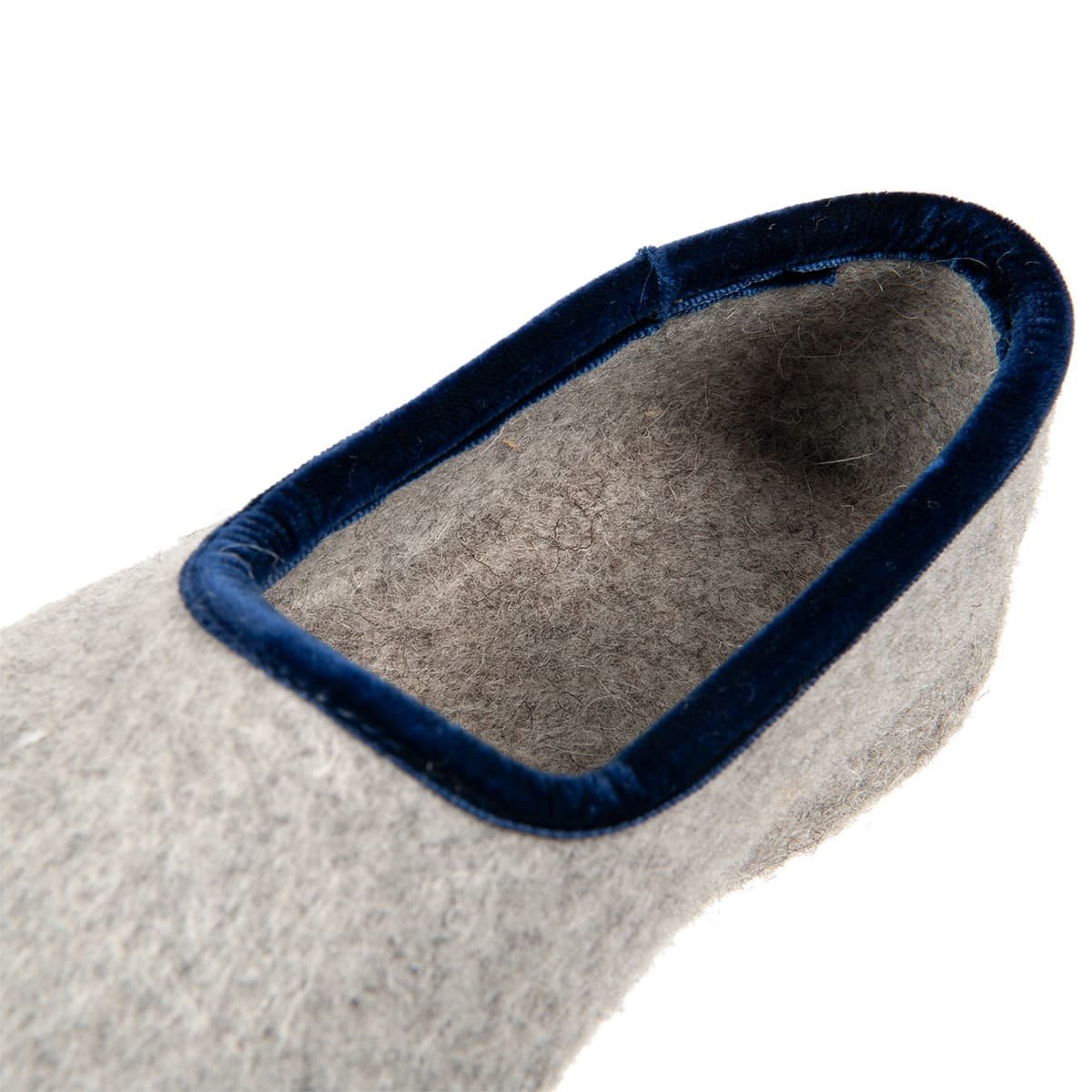 HAUNOLD  Woolfelt slippers with light heel in grey color with blue band  --> Online Hatshop for hats, caps, headbands, g